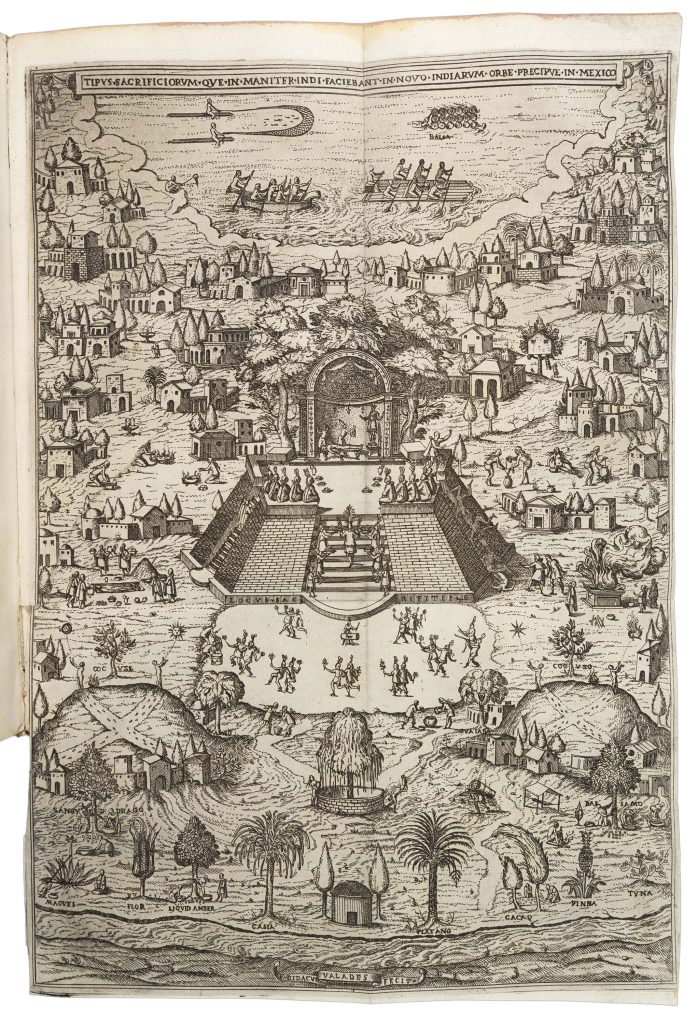 Engraving of a 16th century Mexican city with a busy city center. In the background, men are shown fishing.