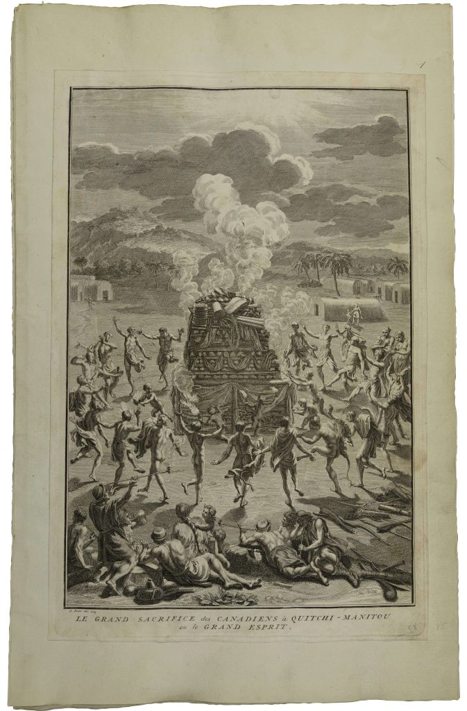Print depicting a circle of partly-nude men dancing around a smoking pyre. In the foreground, more men observe while laying on the ground.
