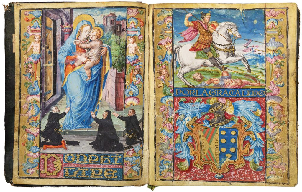 Illuminated manuscript depicting the Virgin of Loreto holding the Christ Child. On another page, two images are shown: a man on a horse and below it, a colorful coat of arms.