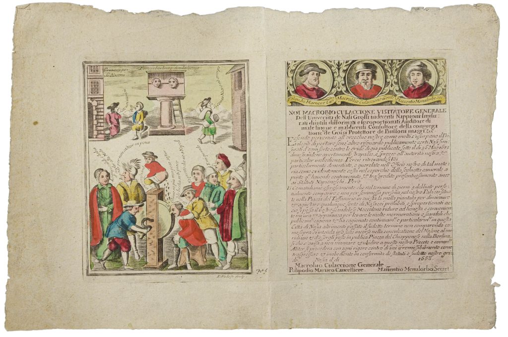 Etching depicting a man whittling down another man's nose while seven other men observe. To the right, another panel with writing is accompanied by the portraits of thee men.