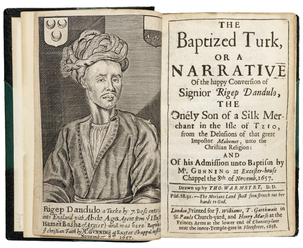 Book open to the title page of "The Baptized Turk". On the left, a portrait of a man with a turban and a serious expression is shown.