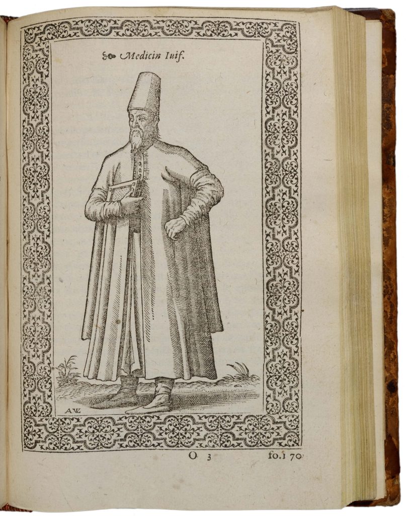 Engraving of a Jewish physician wearing a tunic and tall hat.