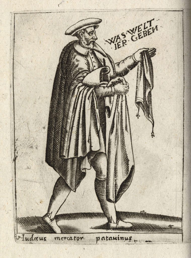 Engraving of a Jewish peddler along with the words: "Was Welt Ier Geben".
