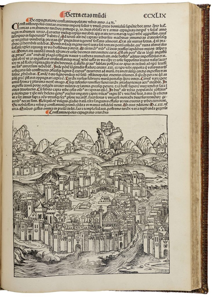 Woodcut depicting an intricate landscape of Constantinople.