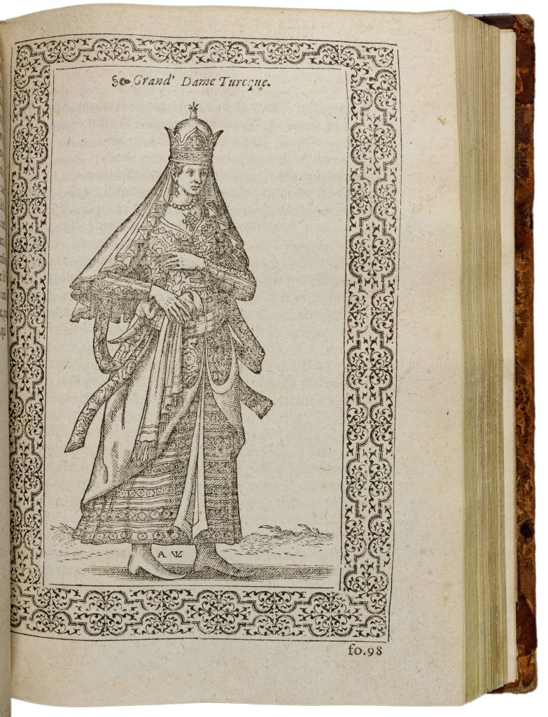 Woodcut depicting a woman wearing a crown, an intricate dress, and a large necklace.