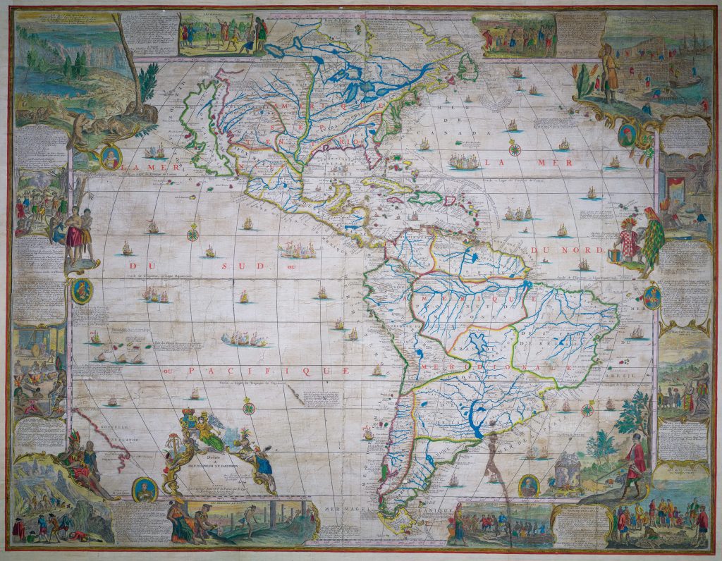 17th century map of North and South America with drawings of Indigenous peoples, landscapes, and animals.