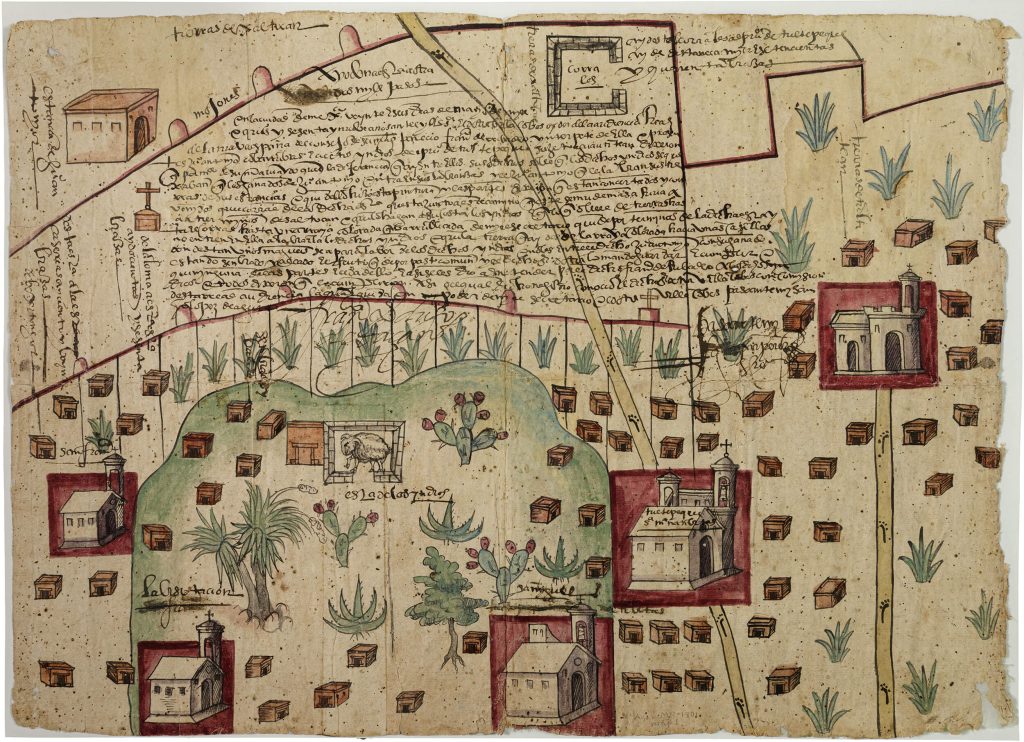 Watercolor map of the area surrounding the Hacienda de Santa Inés. Various drawings of plants and notes fill empty spaces.
