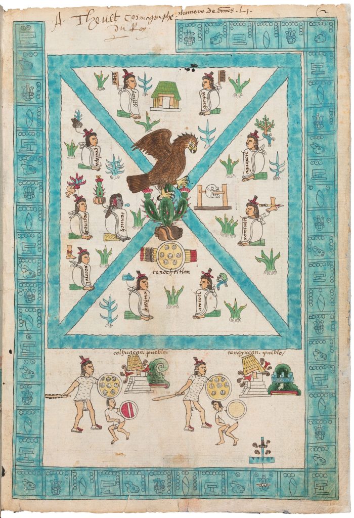 Spanish codex depicting the Aztec empire. An eagle perched on a cactus along with the name "Tenochtitlan" is surrounded by drawings of plants, warriors, gods, and a blue border of symbols.
