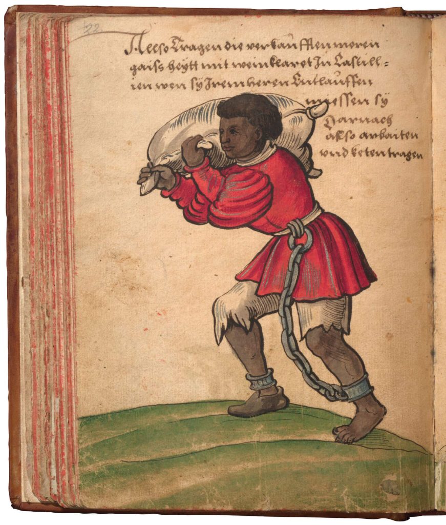 Colorful engraving of an African slave hunched over carrying a sack of sugar.