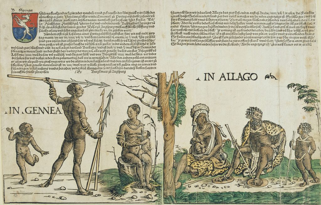 Book open to two prints of African families each consisting of a breastfeed woman and infant, a man, and a child. The first family is nude while the second is somewhat clothed.