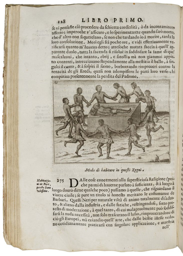 Engraving showing a group of ten men dancing around the body of another man. All participants are dressed in nothing but loin cloths.