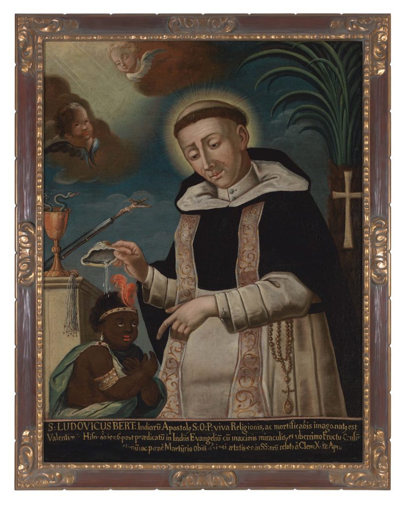 Painting of a Catholic saint baptizing an African boy. Images of angels, a chalice, and a cross are visible in the background.