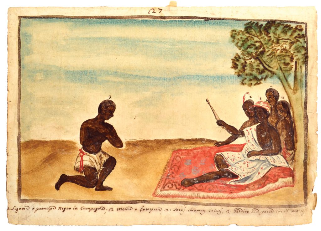 Watercolor of a man kneeling in front of an African prince. The prince sits on a colorful rug accompanied by three other people leading against a tree.
