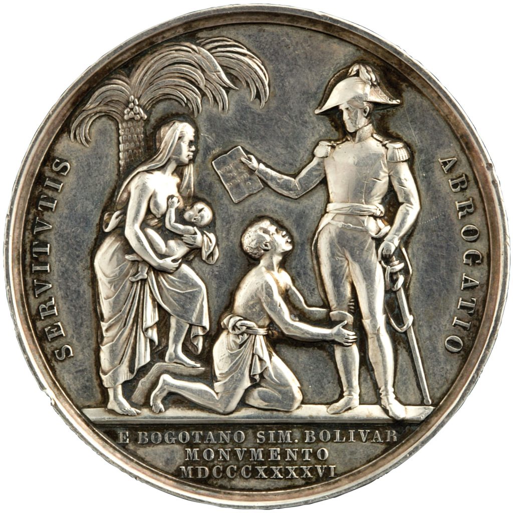 Coin depicting a breastfeeding mother and a kneeling slave looking up at Simon Bolivar.