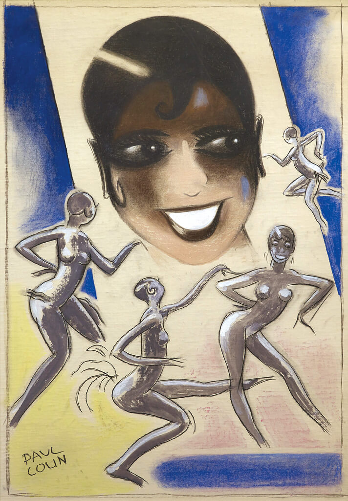 Painting of four naked women dancing. In the background, the enlarged face of another woman grins.