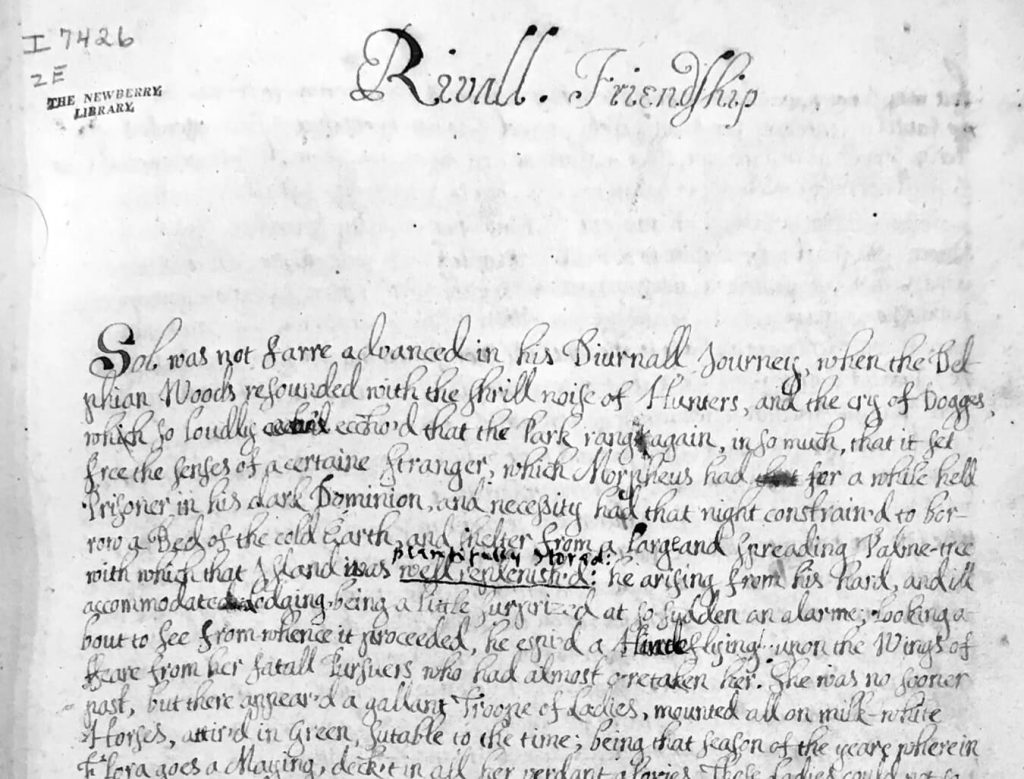 A portion of the Rivall Friendship manuscript. Some of the words are crossed out and replaced in bold handwriting.