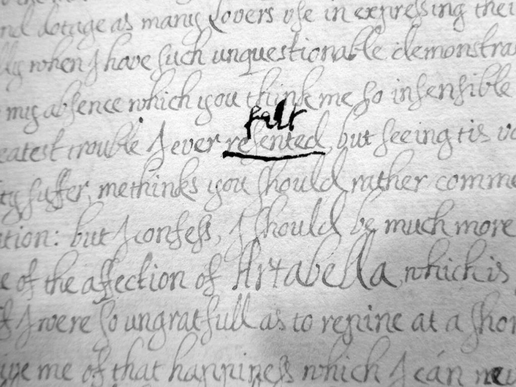 A close-up of the Rivall Friendship manuscript showing a correction made to the original manuscript in bold ink.