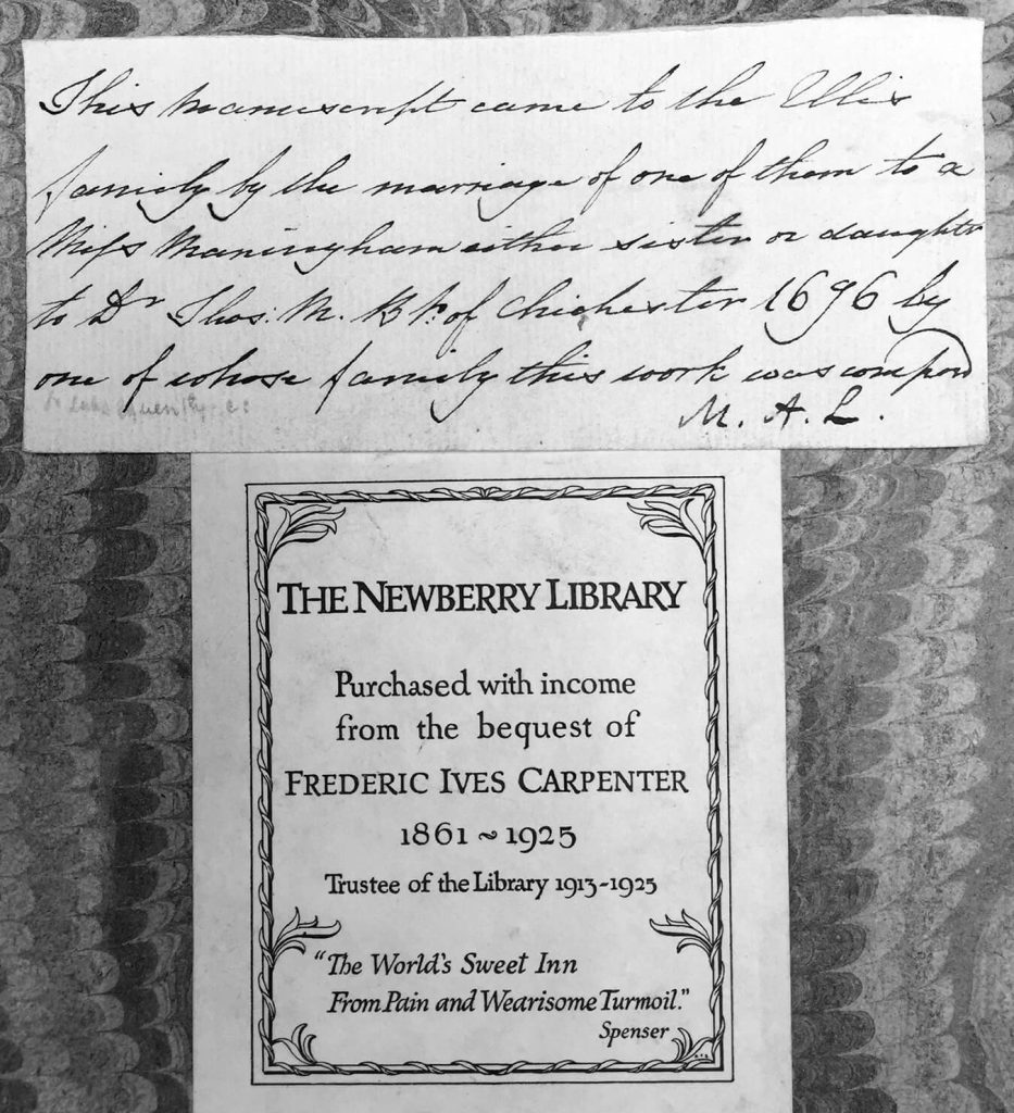 Two notes placed on the inside cover of a book. The first note is written in cursive and signed M.A.R. The second is a typed note indicating the purchase of the manuscript by the Newberry Library.