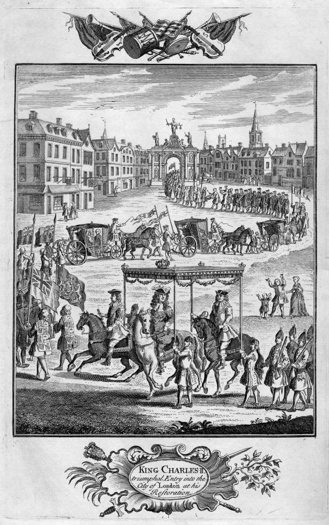 An engraving depicting Charles II’s progress into London.